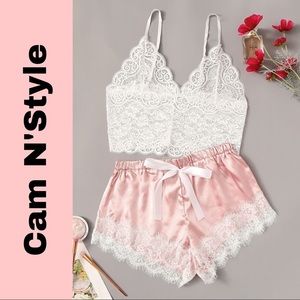 New White & Pink Satin Silk-Like Lace Pajama Set​